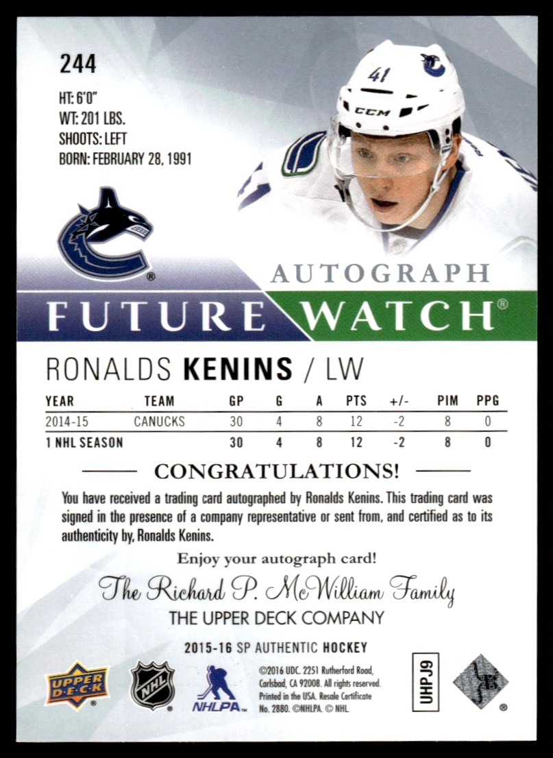 2015-16 SP Authentic FUTURE WATCH AUTO Ronalds Kenins #244 card back image