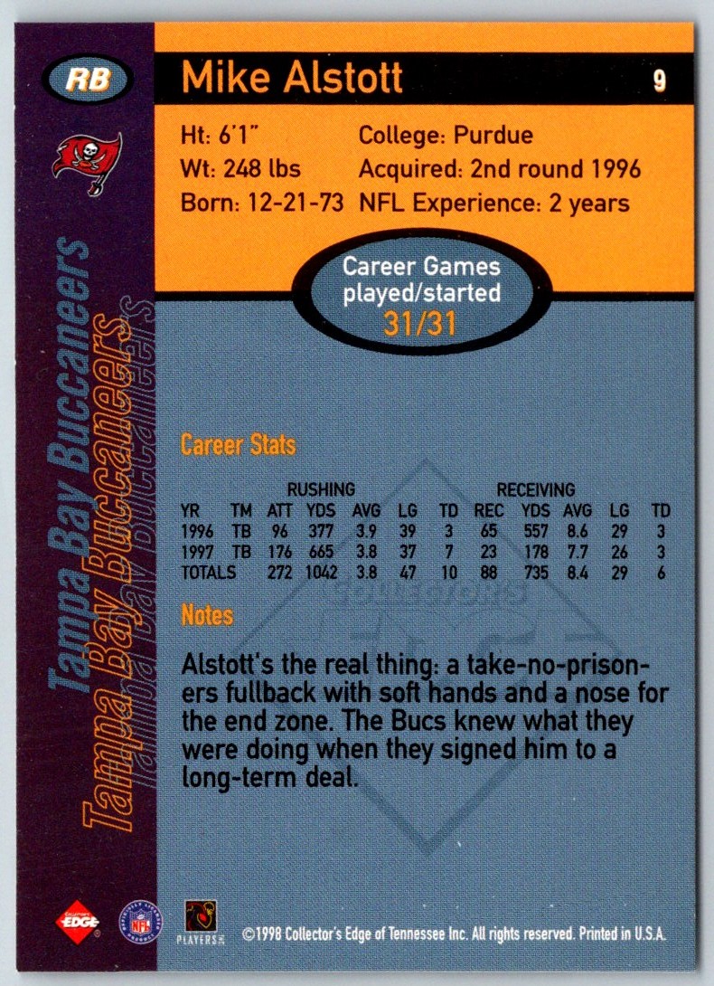 1998 Collector's Edge First Place 50-Point Mike Alstott #9 card back image