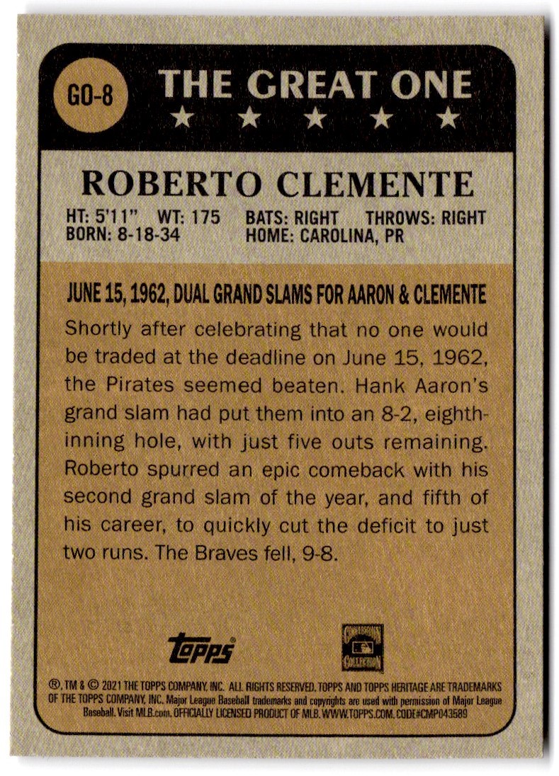 2021 Topps Heritage The Great One Roberto Clemente #GO-8 card back image