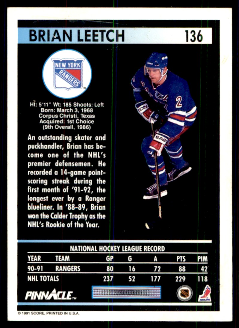 1991-92 Pinnacle Brian Leetch New York Rangers #136 | eBay