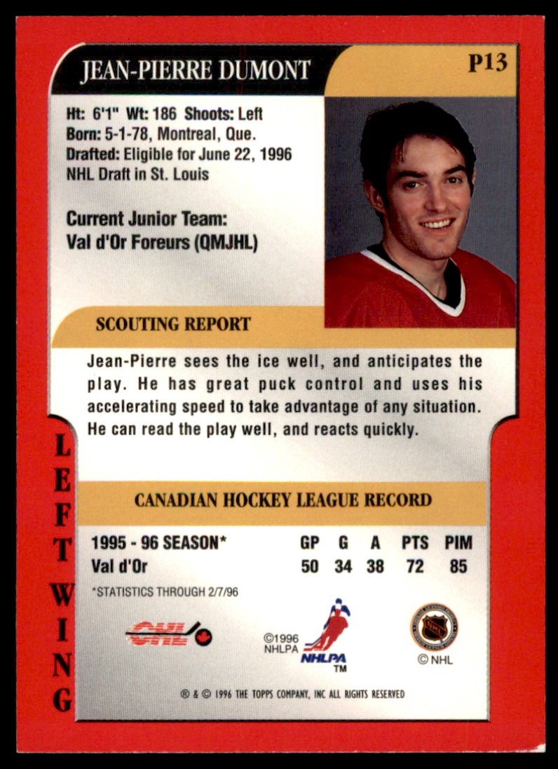 1995-96 Bowman Draft Prospects * Jean-Pierre Dumont #P13 card back image