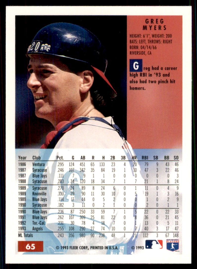 1994 Fleer Greg Myers California Angels #65 MLB Baseball