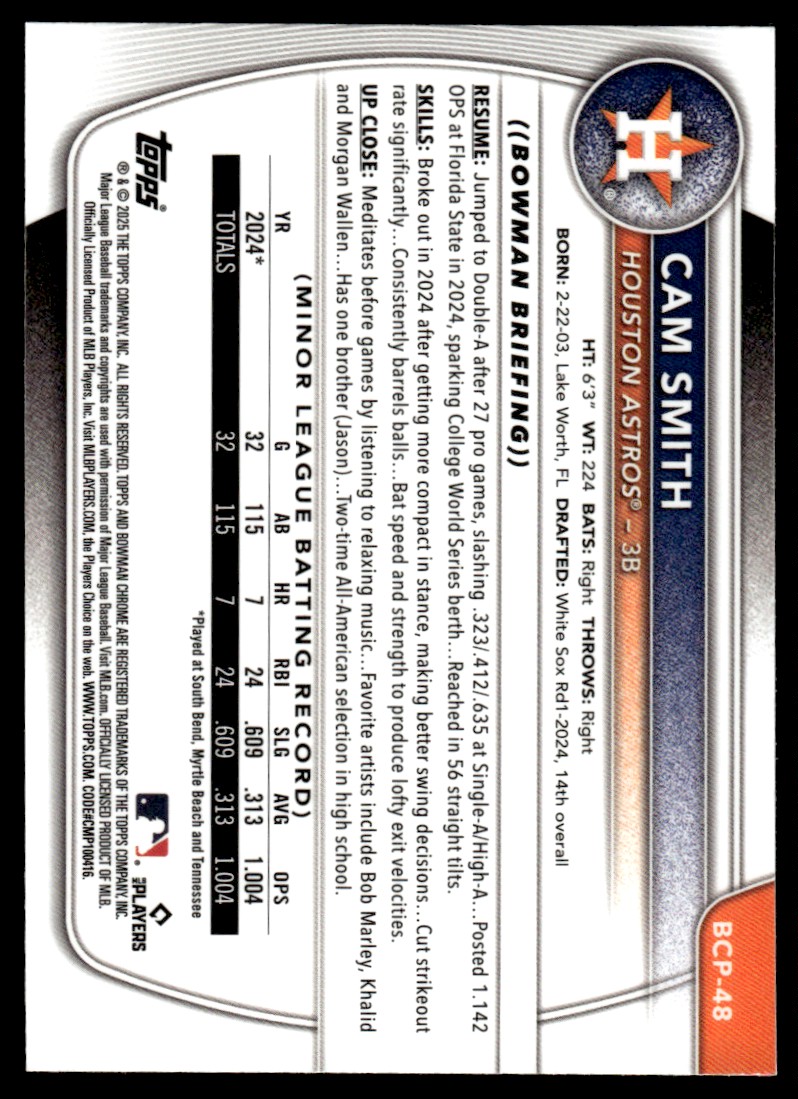 2025 Bowman Chrome Prospects Cam Smith #BCP-48 card back image