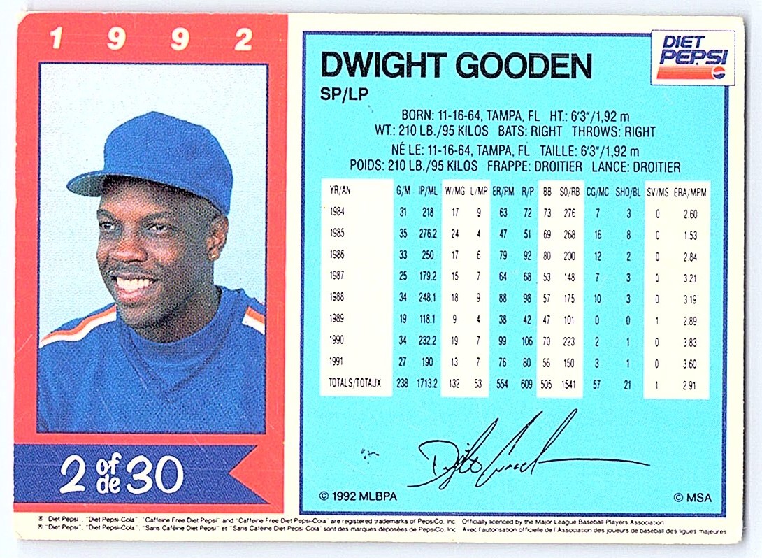 1991 Diet Pepsi Collector Series Dwight Gooden #1 card back image