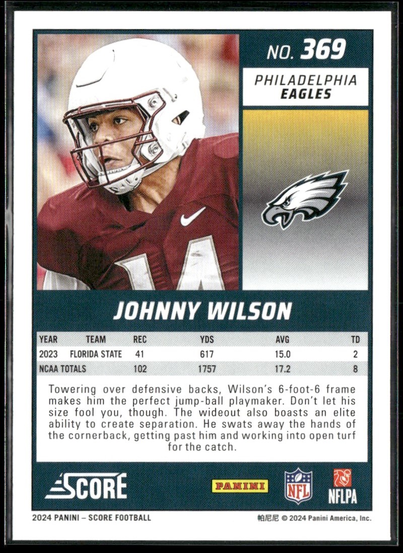 2024 PANINI SCORE JOHNNY WILSON PHILADELPHIA EAGLES RC #369 | eBay