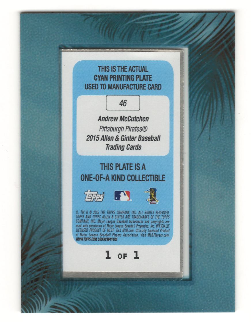2015 Allen & Ginter Mini Print Plate Cyan Andrew McCutchen #46 card back image