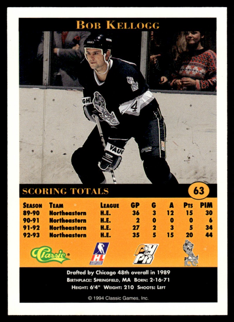 1994-95 Classic Pro Hockey Prospects BOB KELLOGG #63 Indianapolis