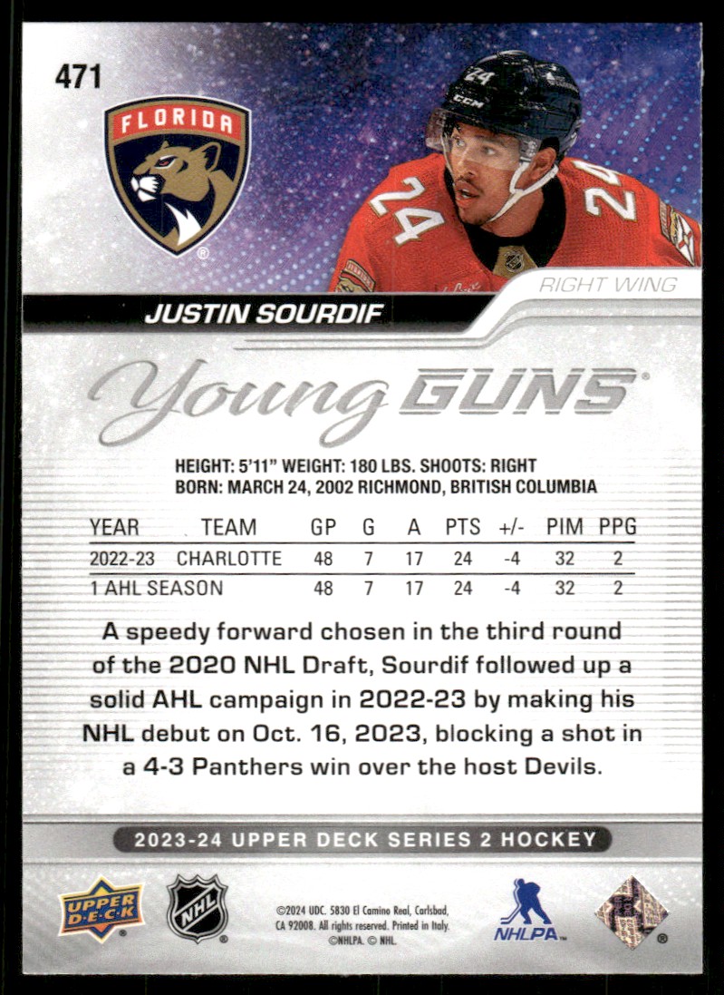 2023-24 Upper Deck YG Justin Sourdif #471 card back image