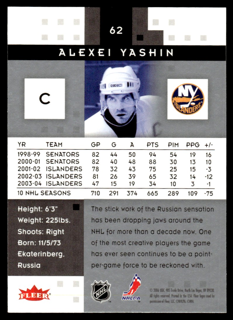 2005-06 Fleer Hot Prospects ! Alexei Yashin #62 card back image