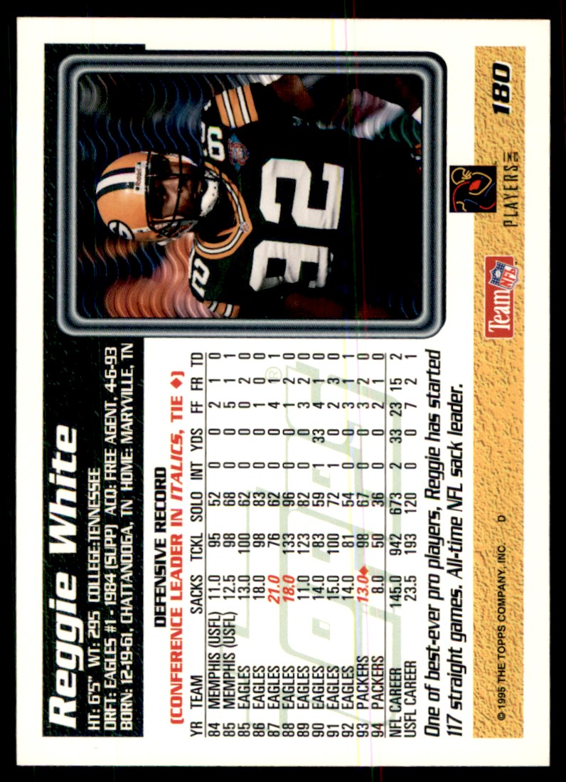 1995 Topps Reggie White #180 card back image
