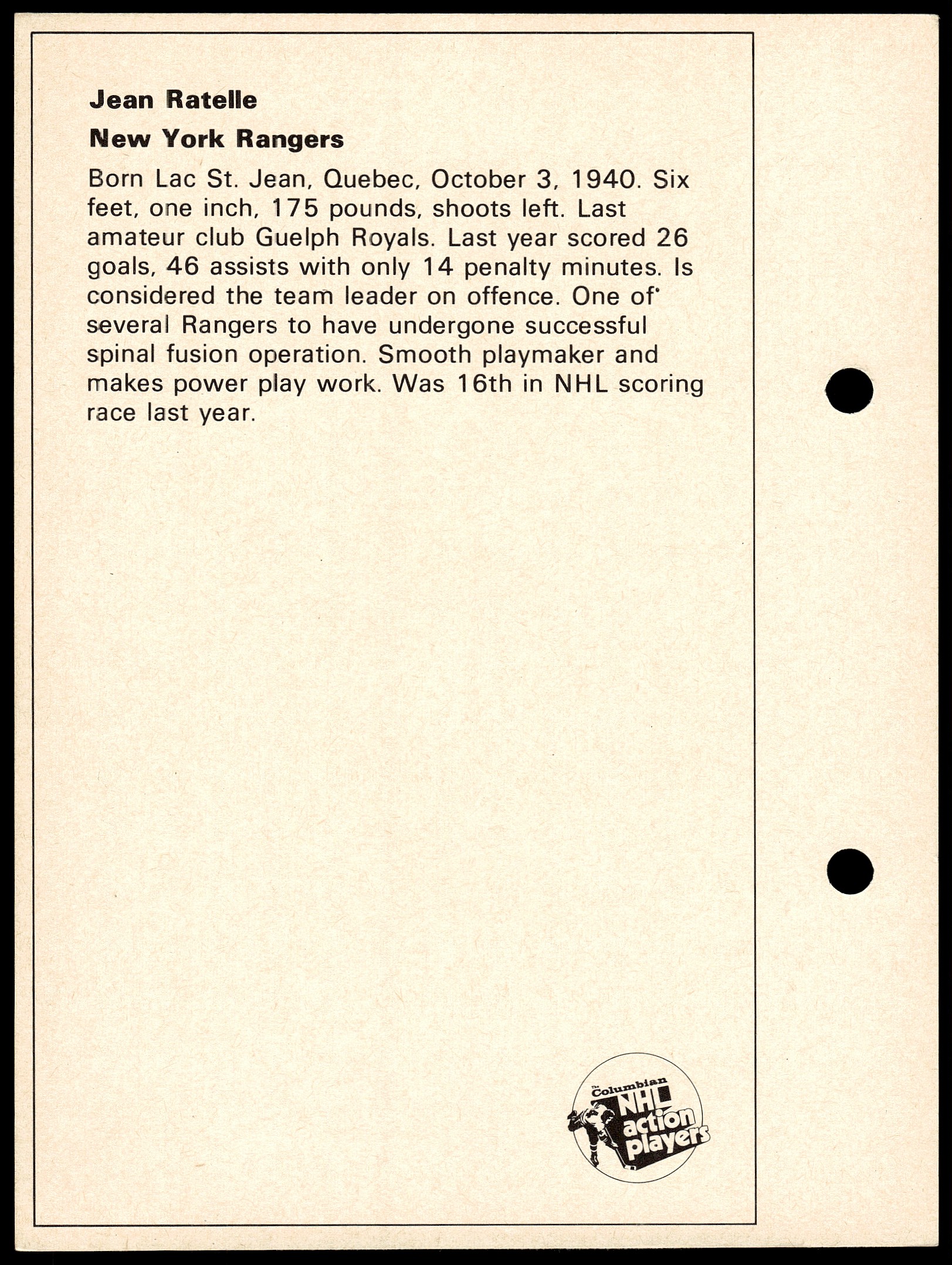 1971-72 Toronto Sun NHL Action Players Jean Ratelle card back image