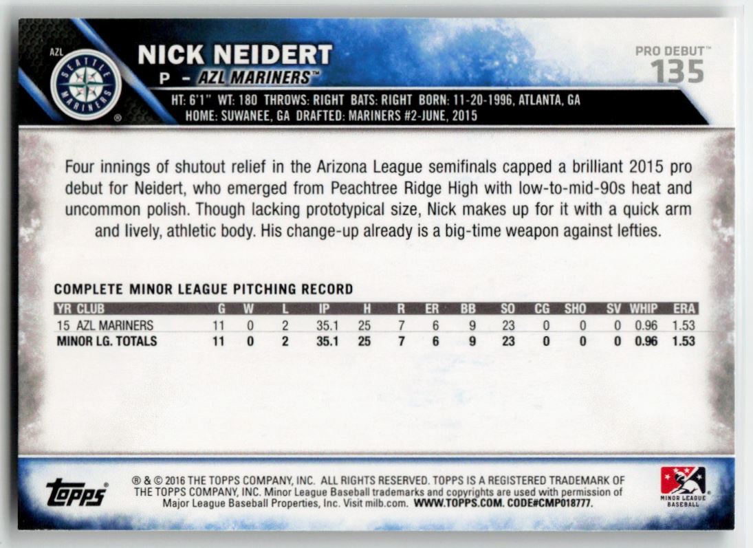 2016 Topps Pro Debut Nick Neidert #135 card back image