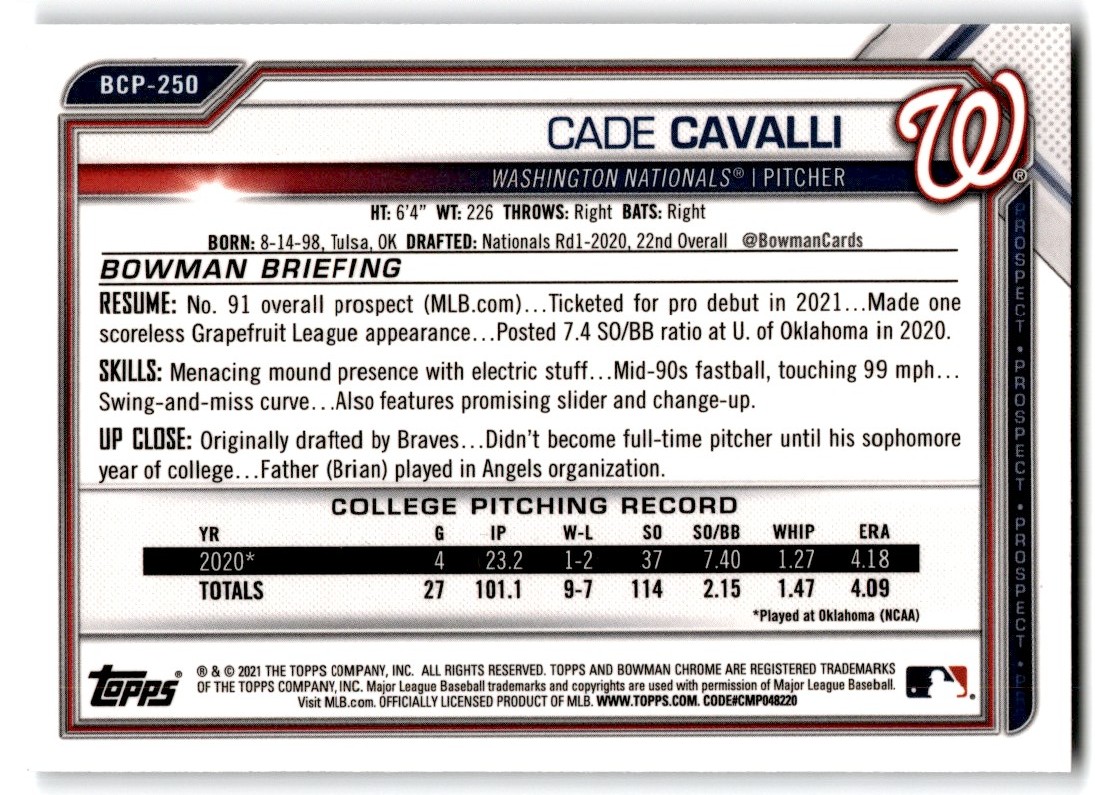 2021 Bowman Chrome Prospects Cade Cavalli #BCP-250 card back image