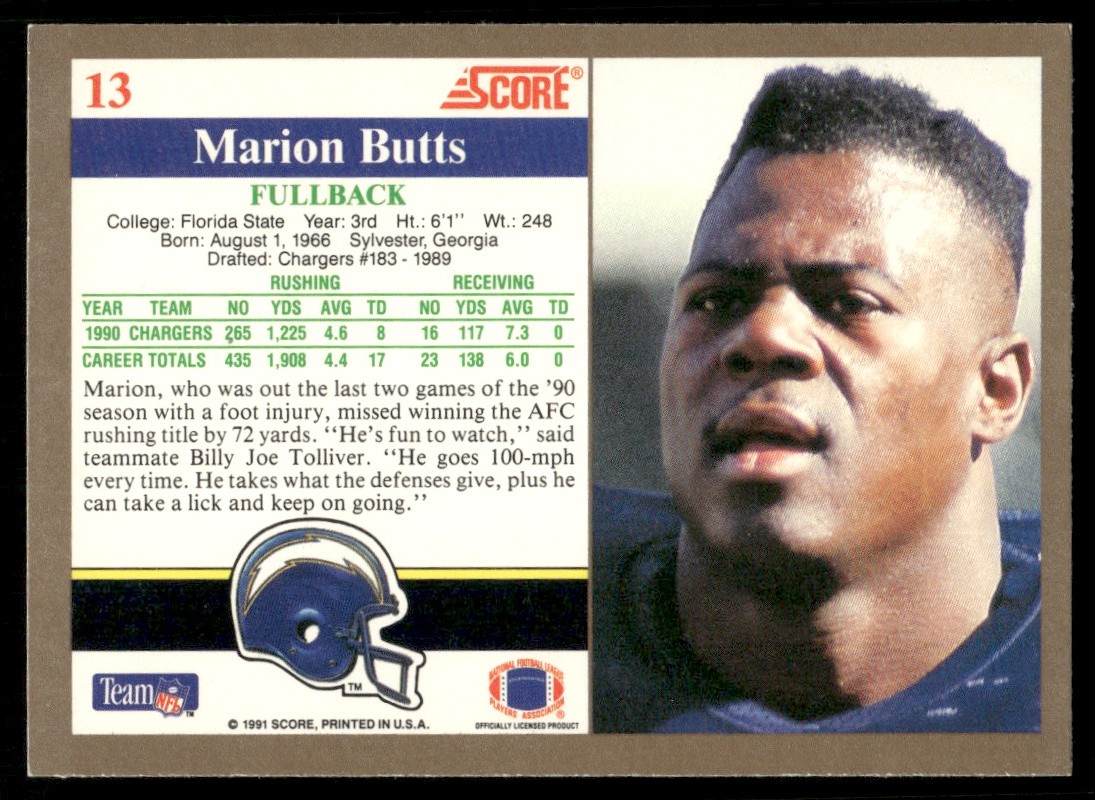 1991 Score Marion Butts #13 card back image