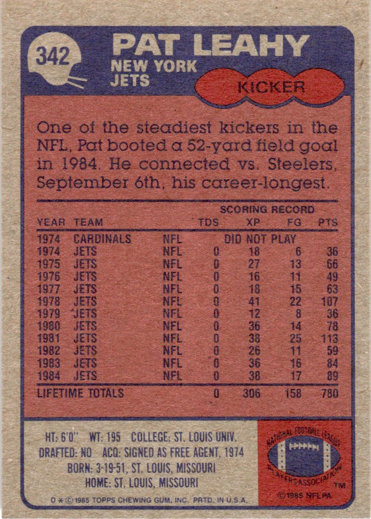 1985 Topps Pat Leahy B #342 card back image