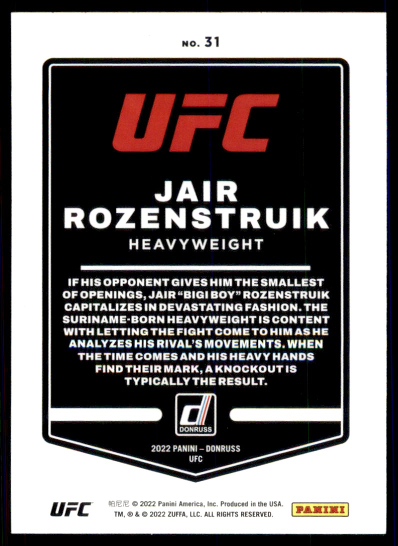 2022 Panini Donruss UFC Jair Rozenstruik #31 card back image
