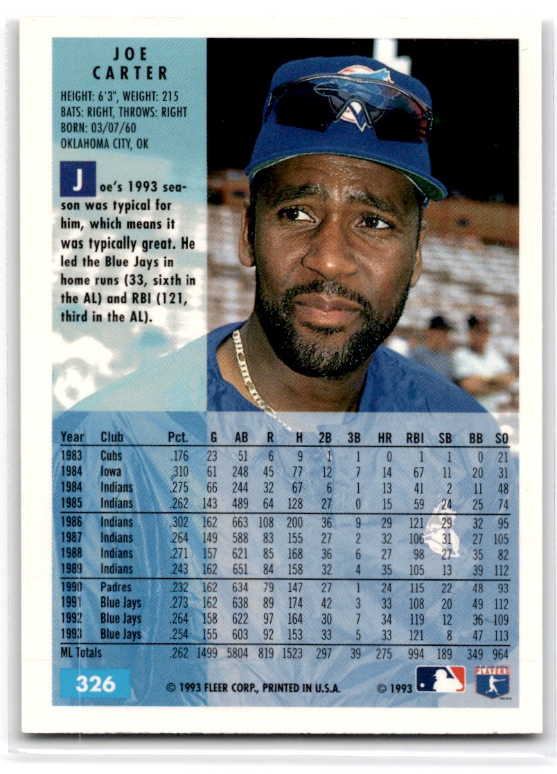 1994 Fleer Joe Carter Toronto Blue Jays #326 | eBay