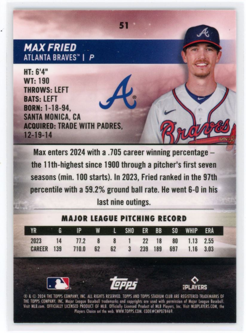 2024 Topps Stadium Club Chrome Max Fried Atlanta Braves #51 2024 Topps Stadium Club Chrome Max Fried Atlanta Braves #51