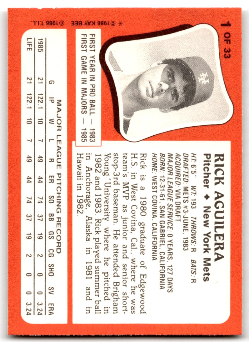 1986 Topps Kay-Bee Young Superstars of Baseball rick Aguilera #1 card back image