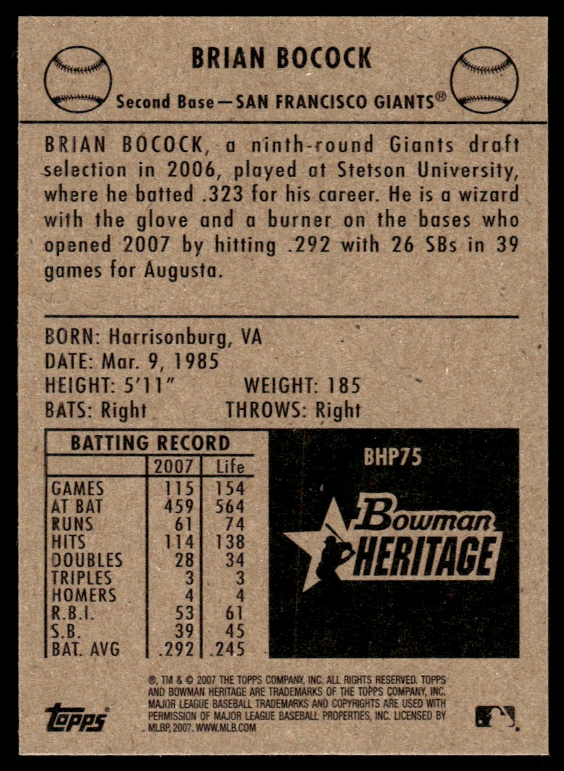 2007 Bowman Heritage Prospects Brian Bocock #BHP75 card back image