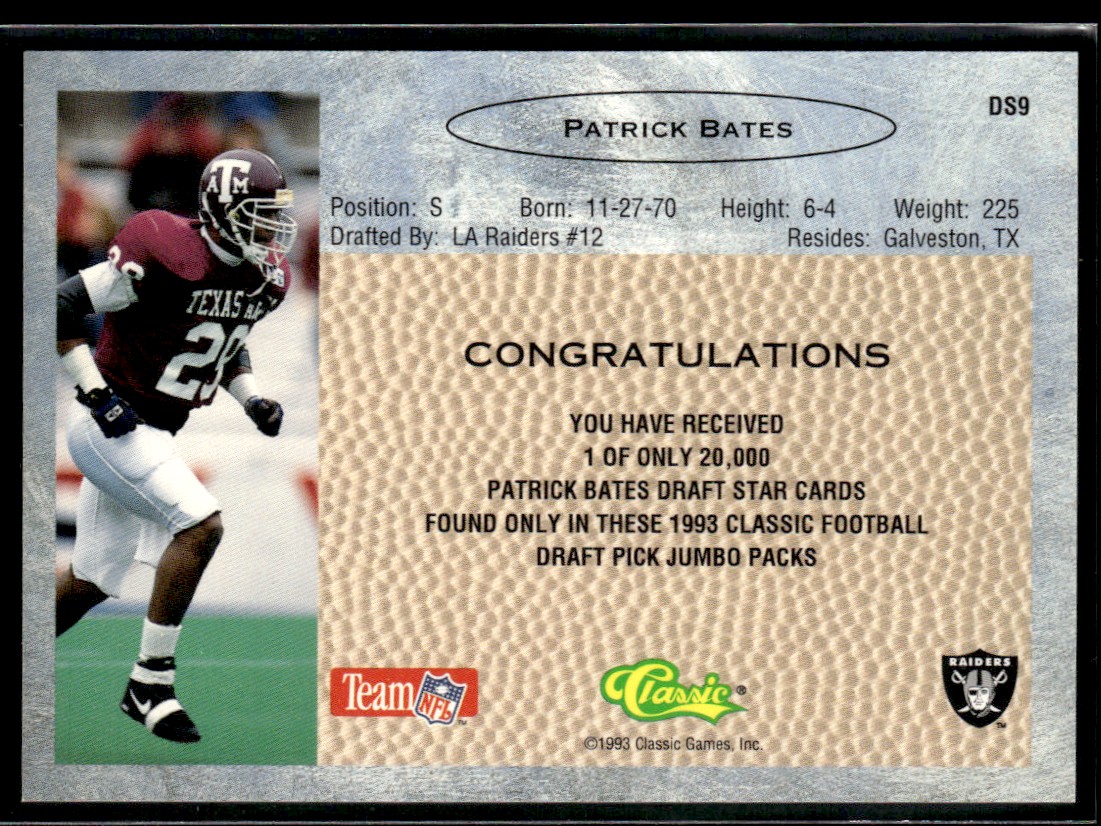 1993 Classic Draft Stars Patrick Bates /20000 Los Angeles Raiders