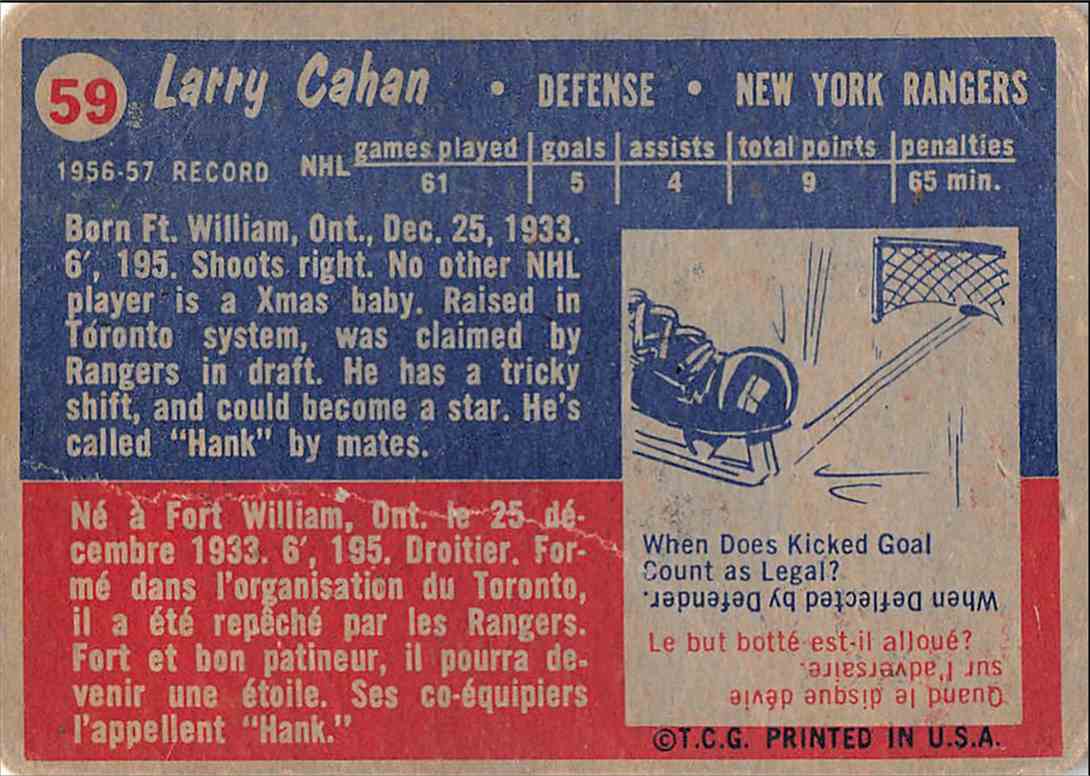 1957-58 Topps Larry Cahan #59 card back image