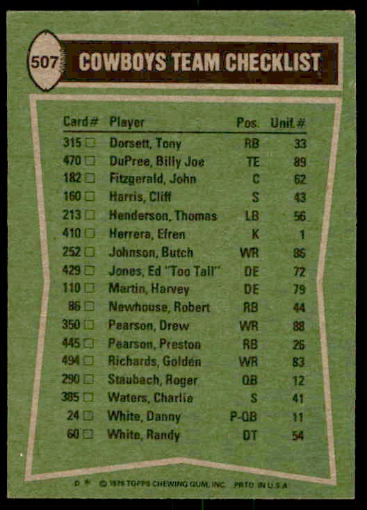 1978 Topps Tony Dorsett/Drew Pearson/Cliff Harris/Harvey Martin #507 card back image