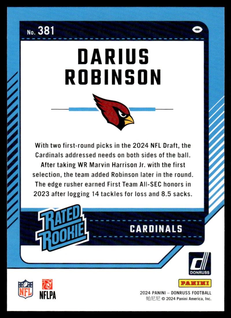 2024 Panini Donruss Rated Rookie Darius Robinson #381 card back image