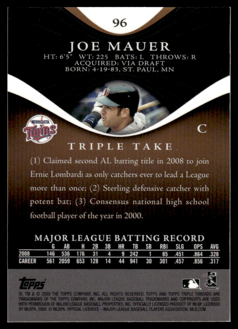 2009 topps triple threads joe mauer #96 card back image