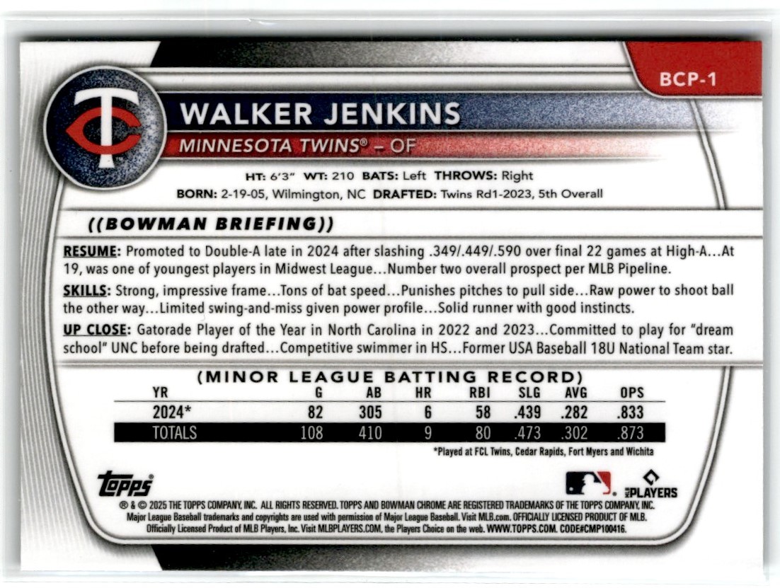 2025 Bowman Chrome Reptillian Walker Jenkins #BCP1 card back image