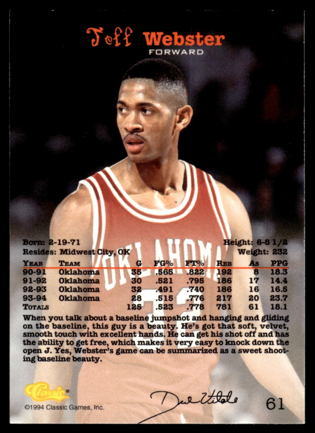1994-95 Classic Draft #61 Jeff Webster Oklahoma Sooners | eBay