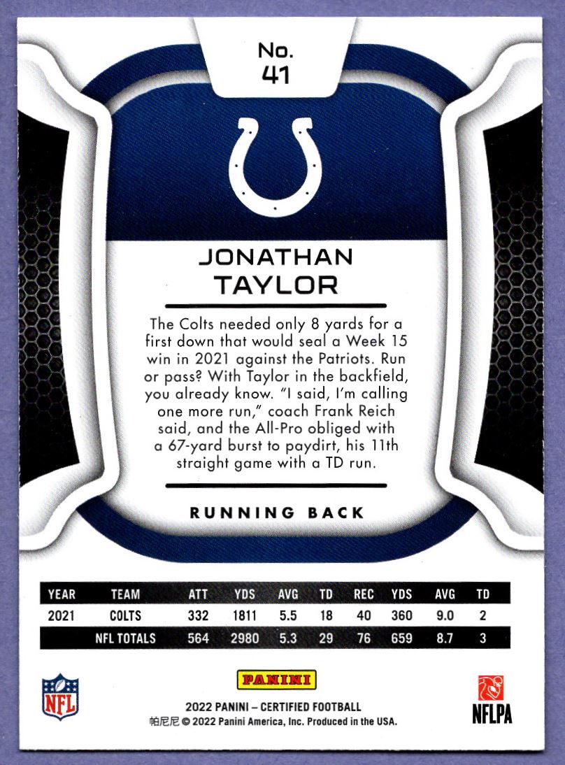2022 Panini Certified Jonathan Taylor #41 card back image