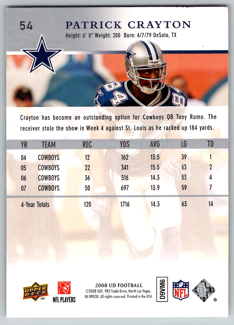 2008 UPPER DECK PATRICK CRAYTON DALLAS COWBOYS #54 | eBay