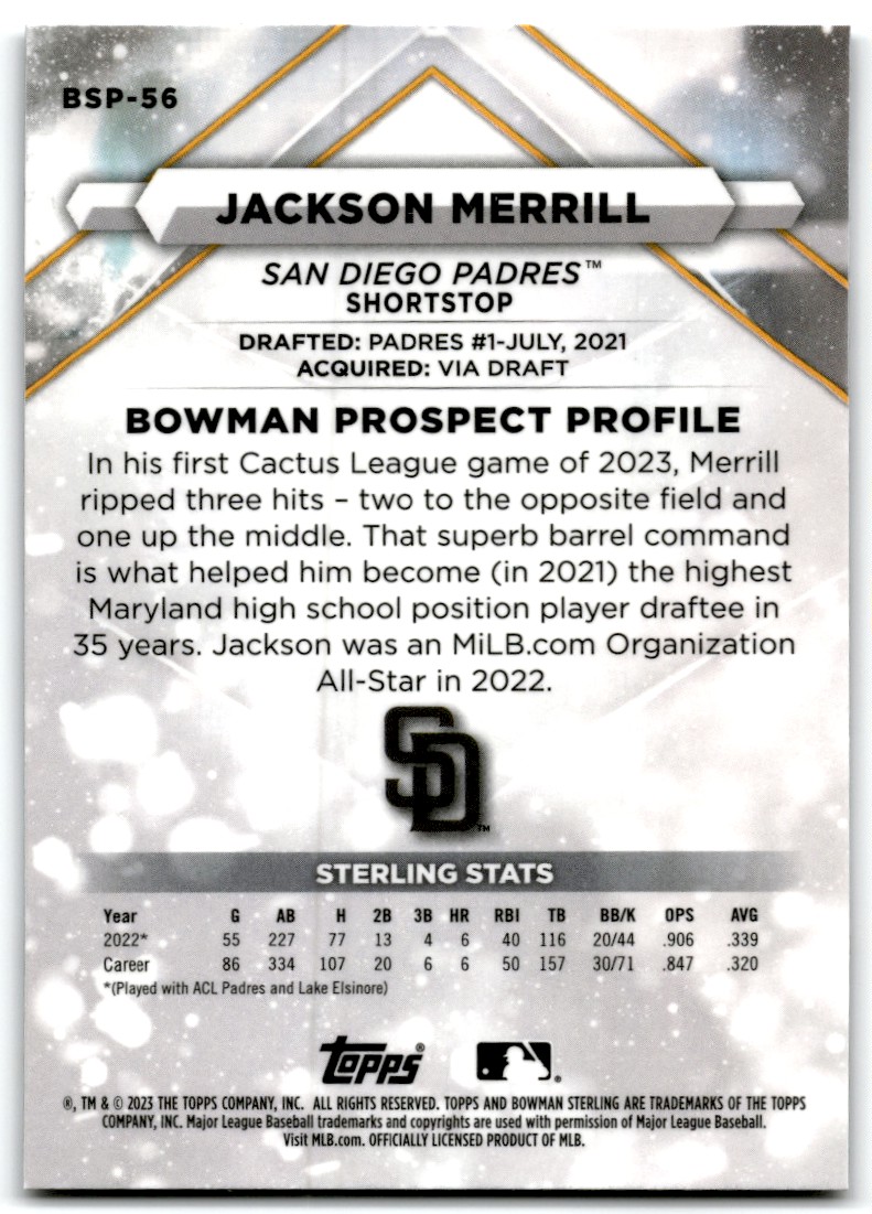2023 Bowman Sterling Jackson Merrill #BSP-56 card back image