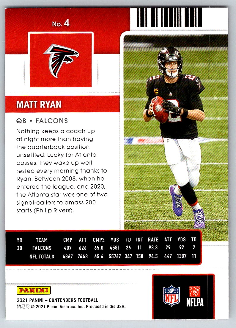 2021 Contenders Panini Matt Ryan #4 card back image