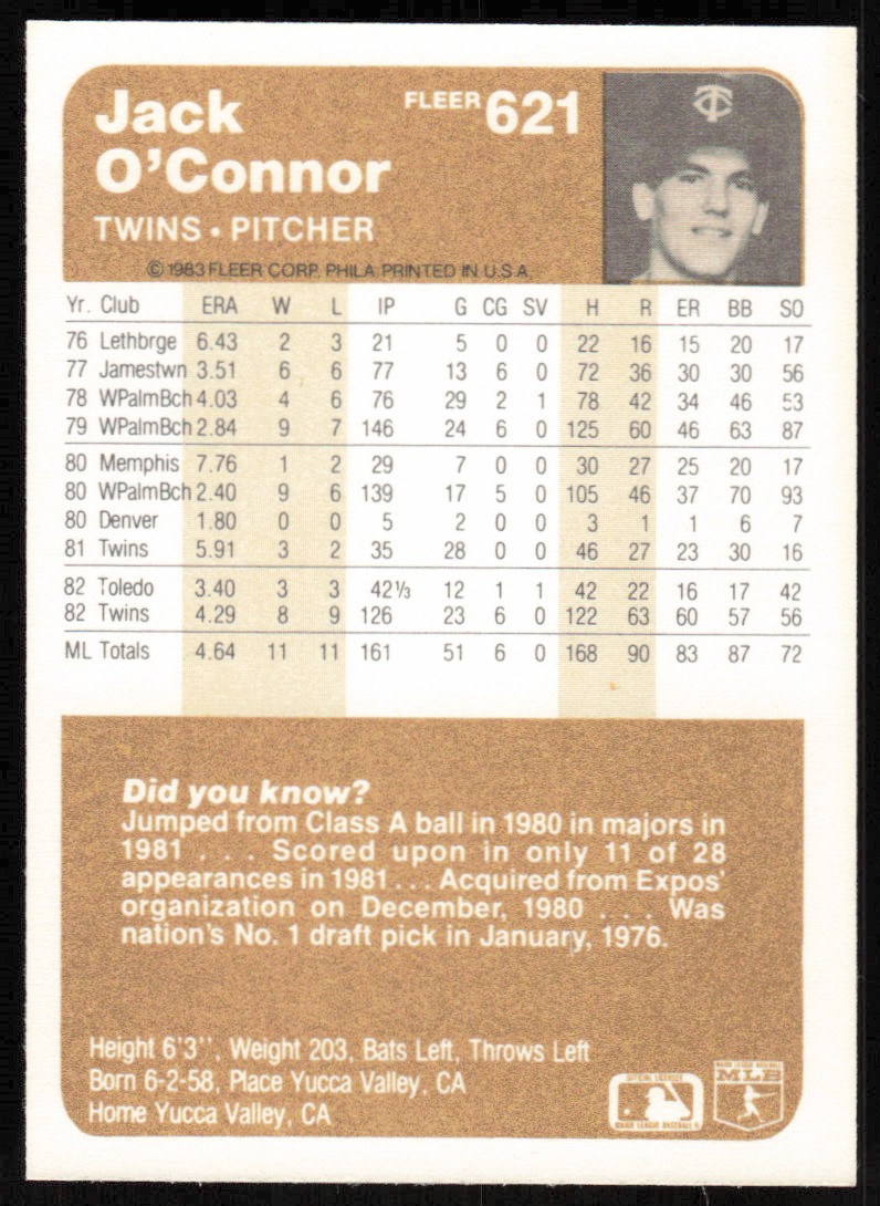 1983 Fleer Jack O'Connor Minnesota Twins #621 | eBay