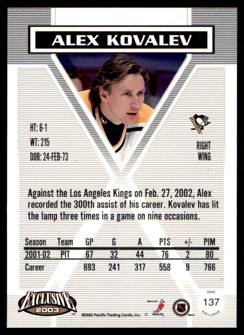 2002-03 Pacific Exclusive Gold Alexei Kovalev #137 card back image