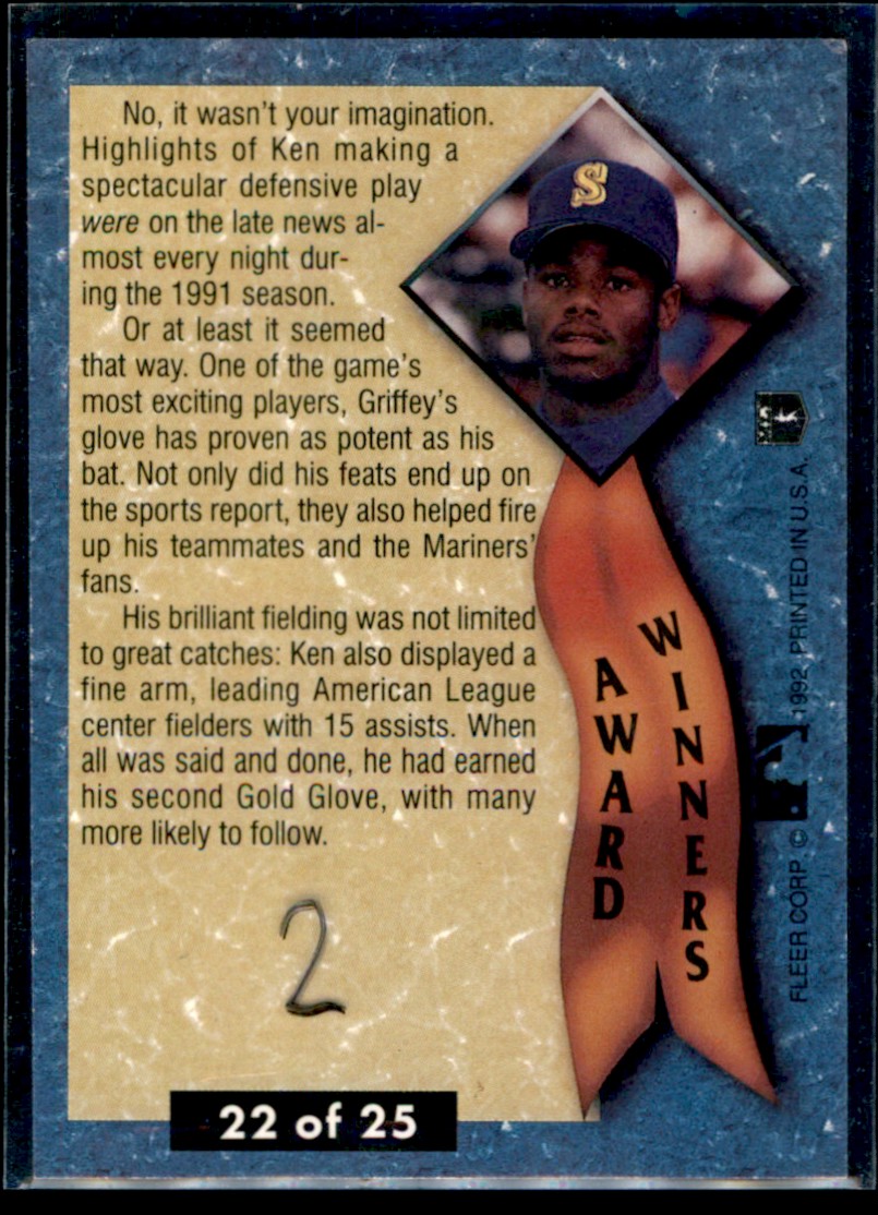 1992 Fleer Ultra Award Winner Gold Glove Ken Griffey Jr. #22 card back image