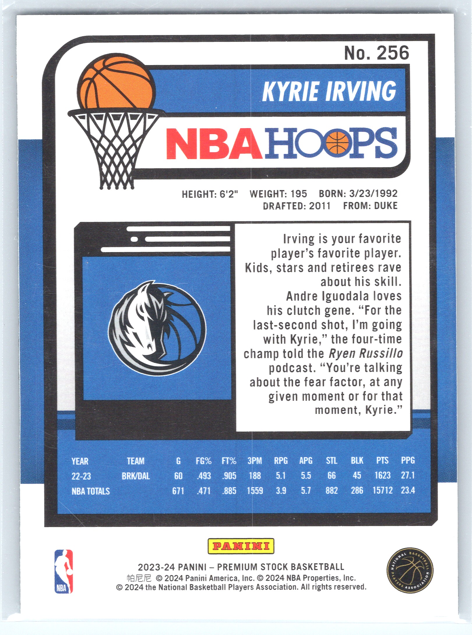 2023-24 Hoops Premium Stock Kyrie Irving #256 card back image