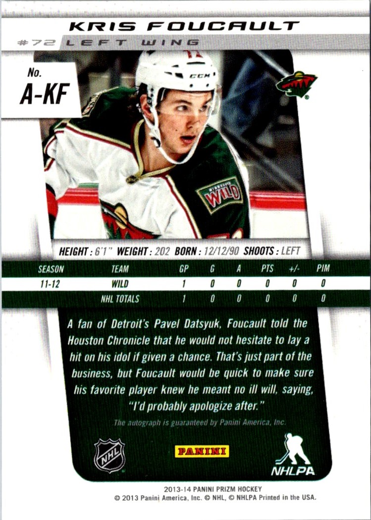2013-14 Panini Prizm Autographs Kris Foucault #A-KF card back image