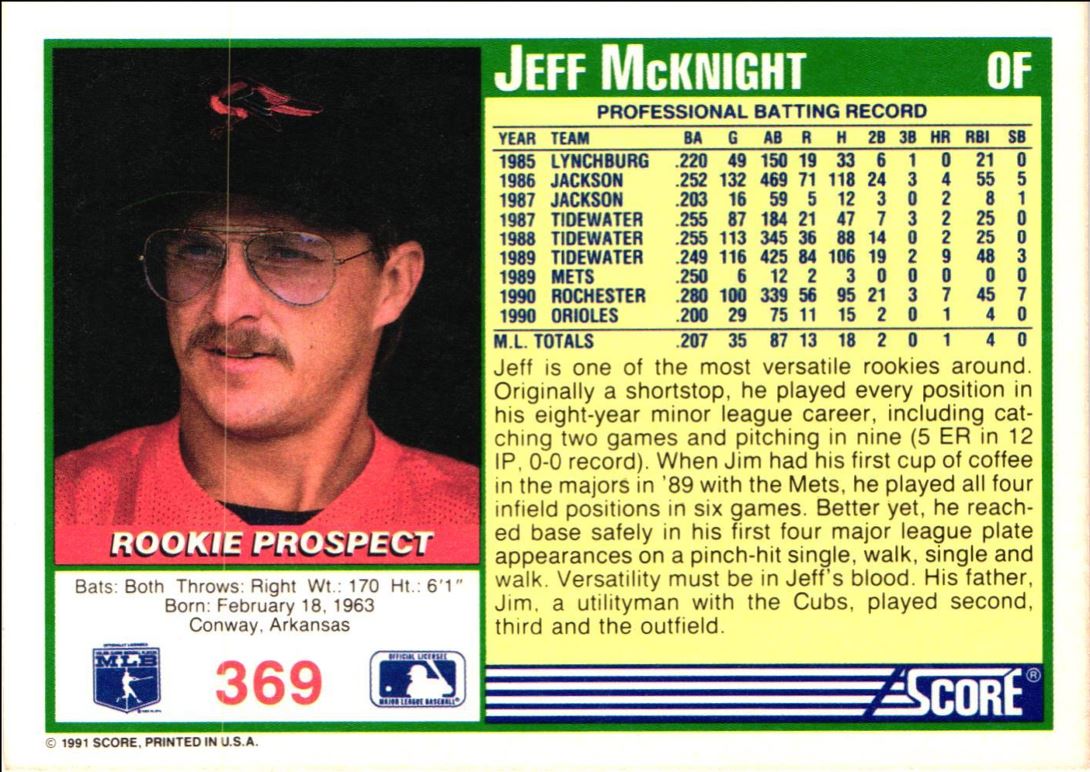 1991 Score Jeff McKnight #369 card back image