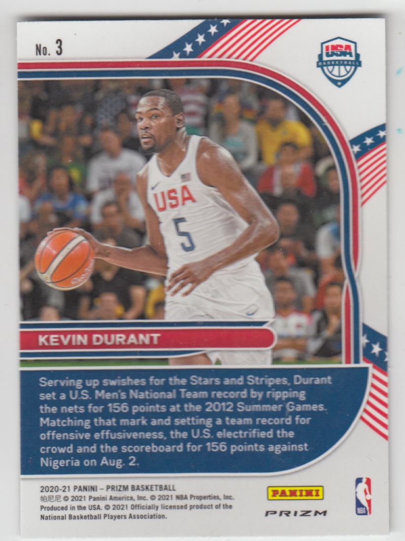 2020-21 Panini Prizm USA Basketball Prizms Silver Kevin Durant #3 card back image