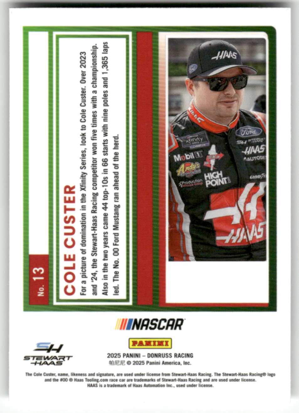 2025 Donruss NASCAR Optic COLE CUSTER #13 card back image