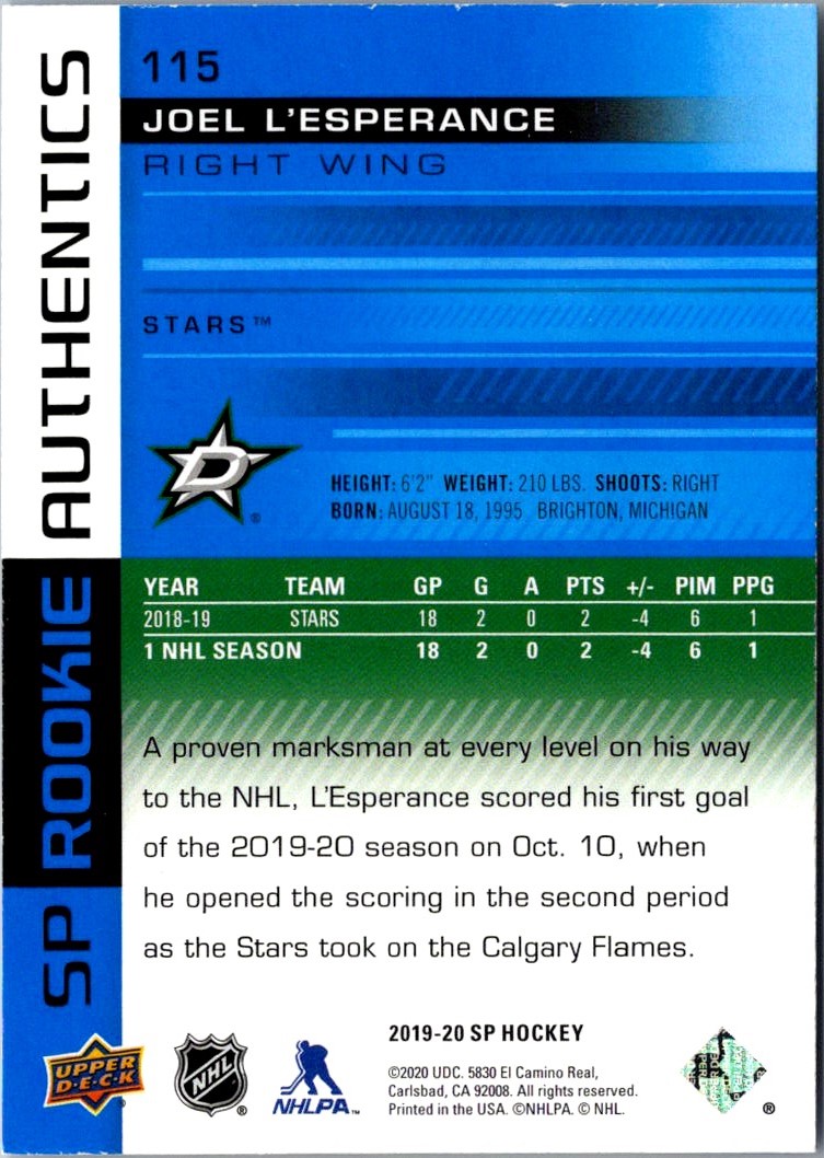 2019-20 Upper Deck Joel L'Esperance #115 card back image
