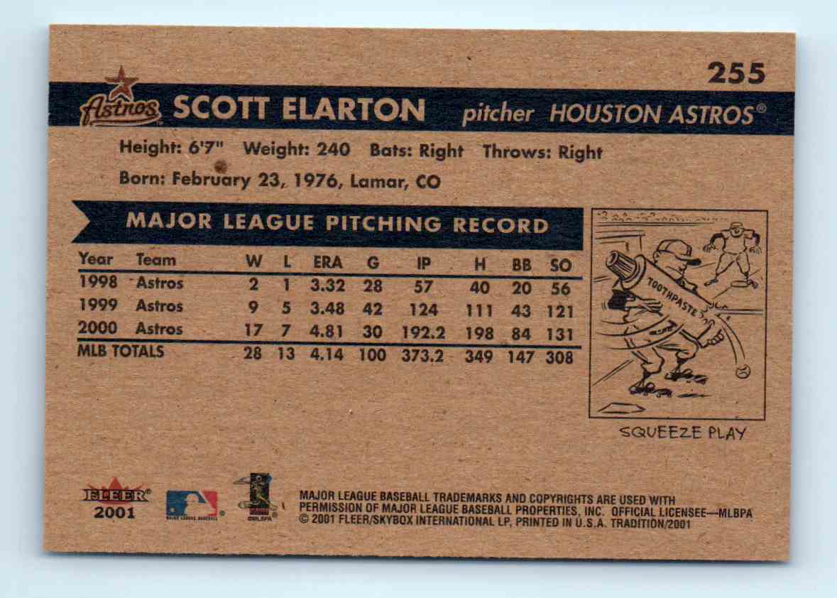 2001 Fleer Tradition Scott Elarton #255 card back image