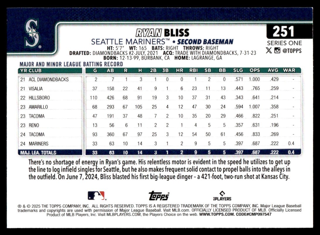 メル10551 RYAN BLISS 2025 Topps Series 1 Rookie Card RC #251 Seattle