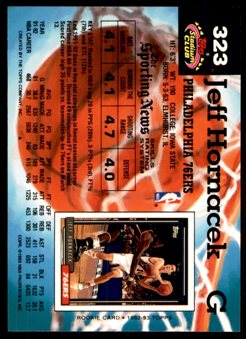 1992-93 Stadium Club Jeff Hornacek Philadelphia 76ers #323 | eBay