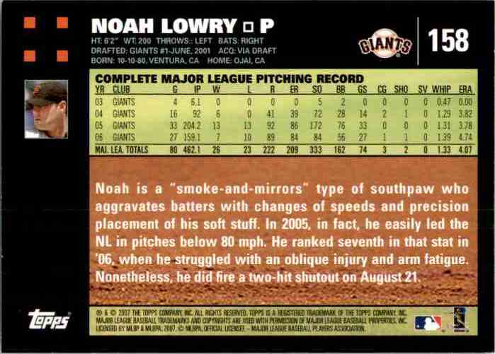 2007 Topps Baseball Card Noah Lowry #158 card back image