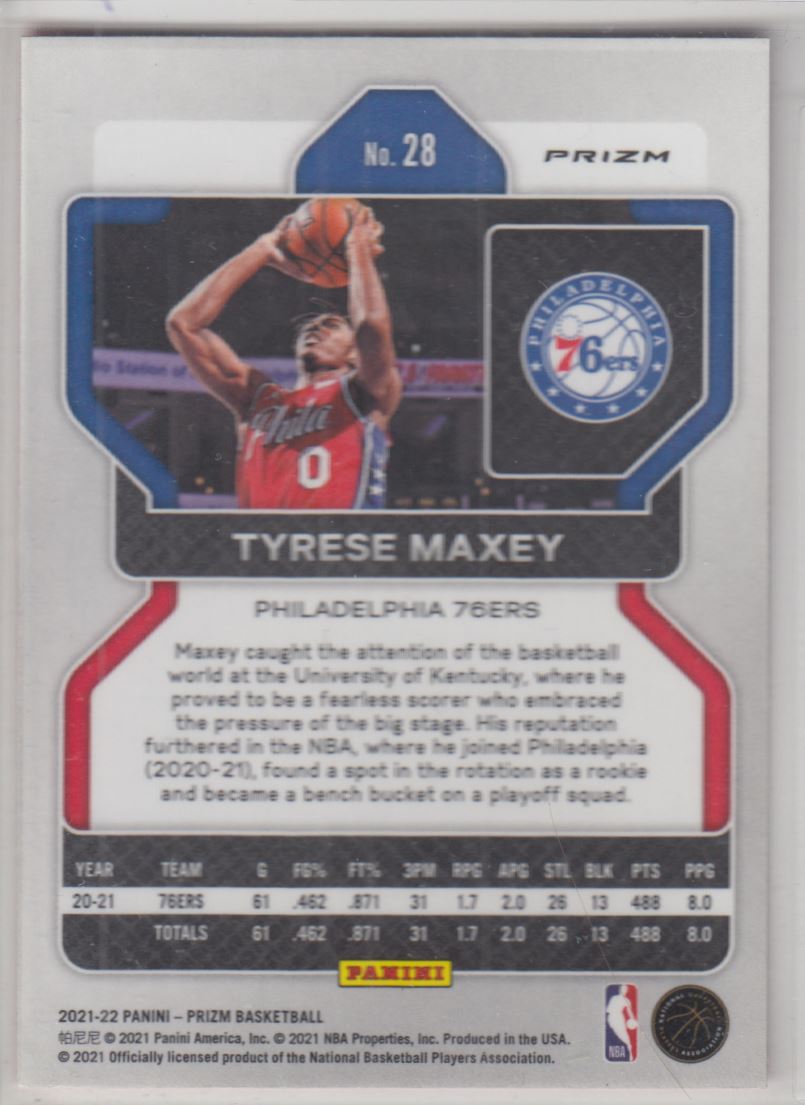 2021-22 Panini Prizm Prizms Pink Ice Tyrese Maxey #28 card back image
