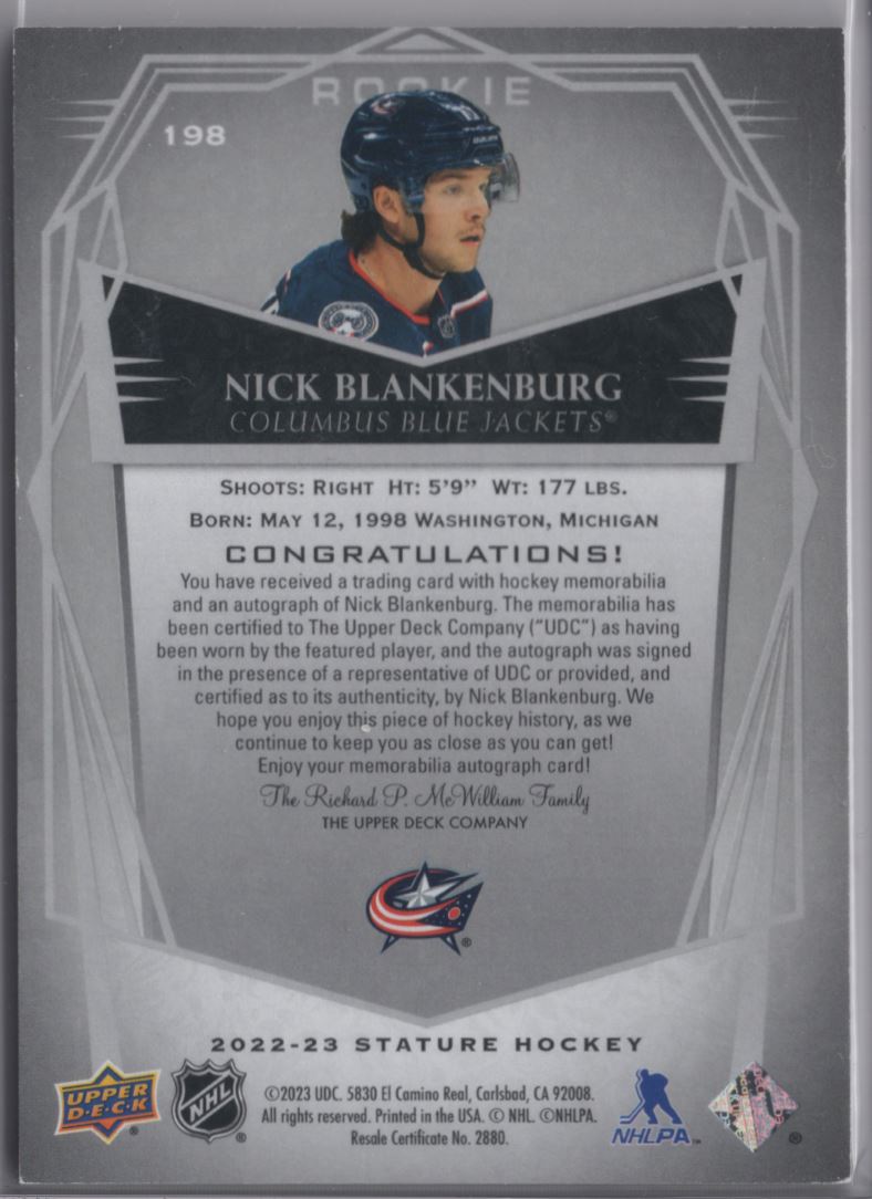 2022-23 Upper Deck Stature Rookie Auto Patch Nick Blankenburg #198 